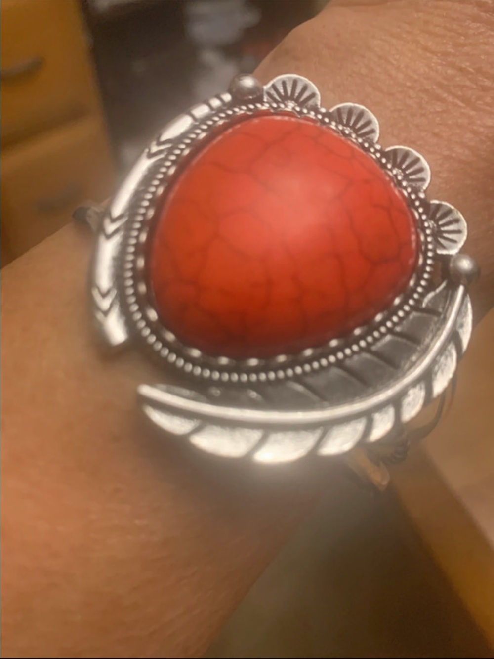 Red Stone Feather Silver-Tone Statement bracelet